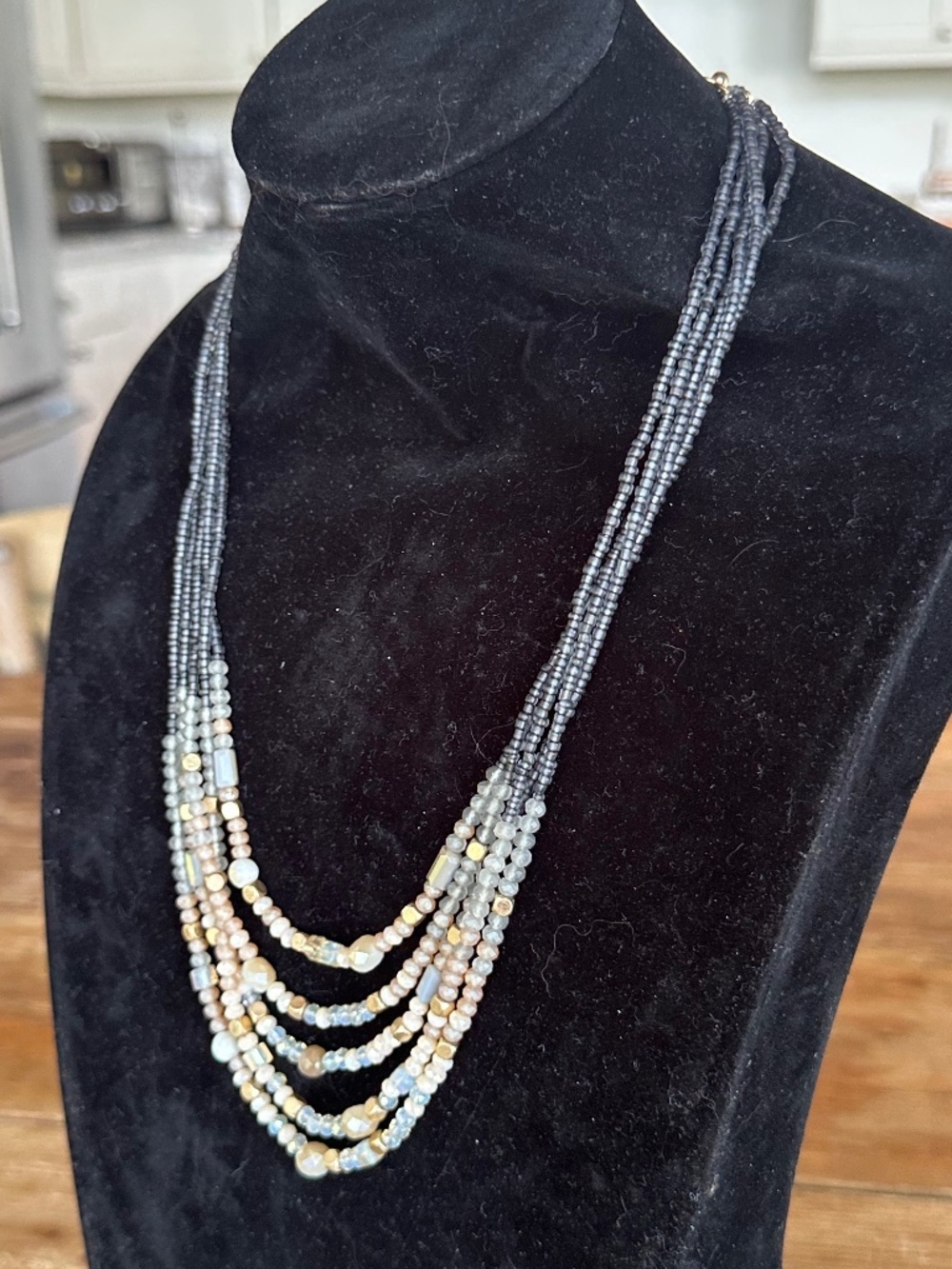 Boho Multi-Strand Gemstone Statement Necklace Gray Gold Blue - Picture 4 of 15